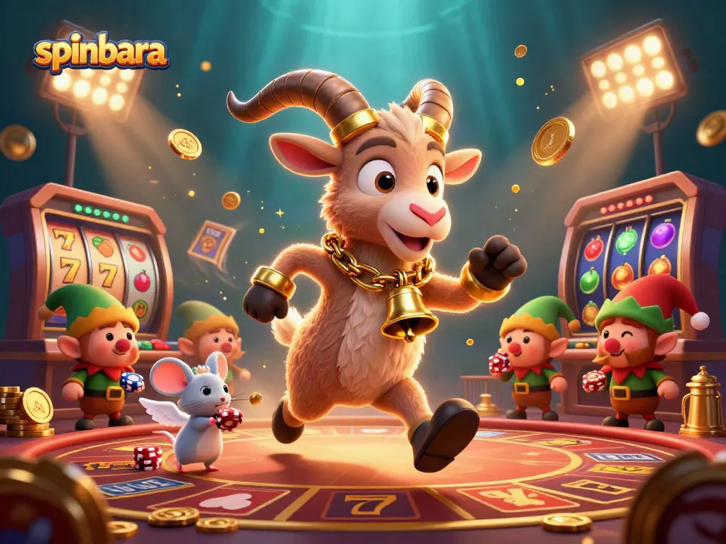 Spinbara's lively casino scene with Krampus, an angel mouse, and gremlins amidst dynamic slot reels and golden coins