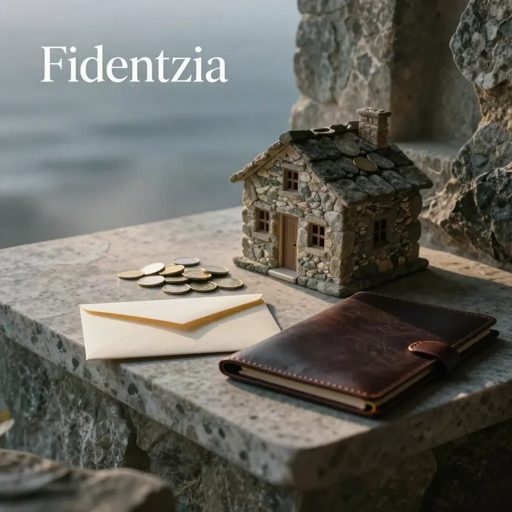 Miniatura de casa de piedra, sobre sellado, monedas y carpeta de piel en luz marina.