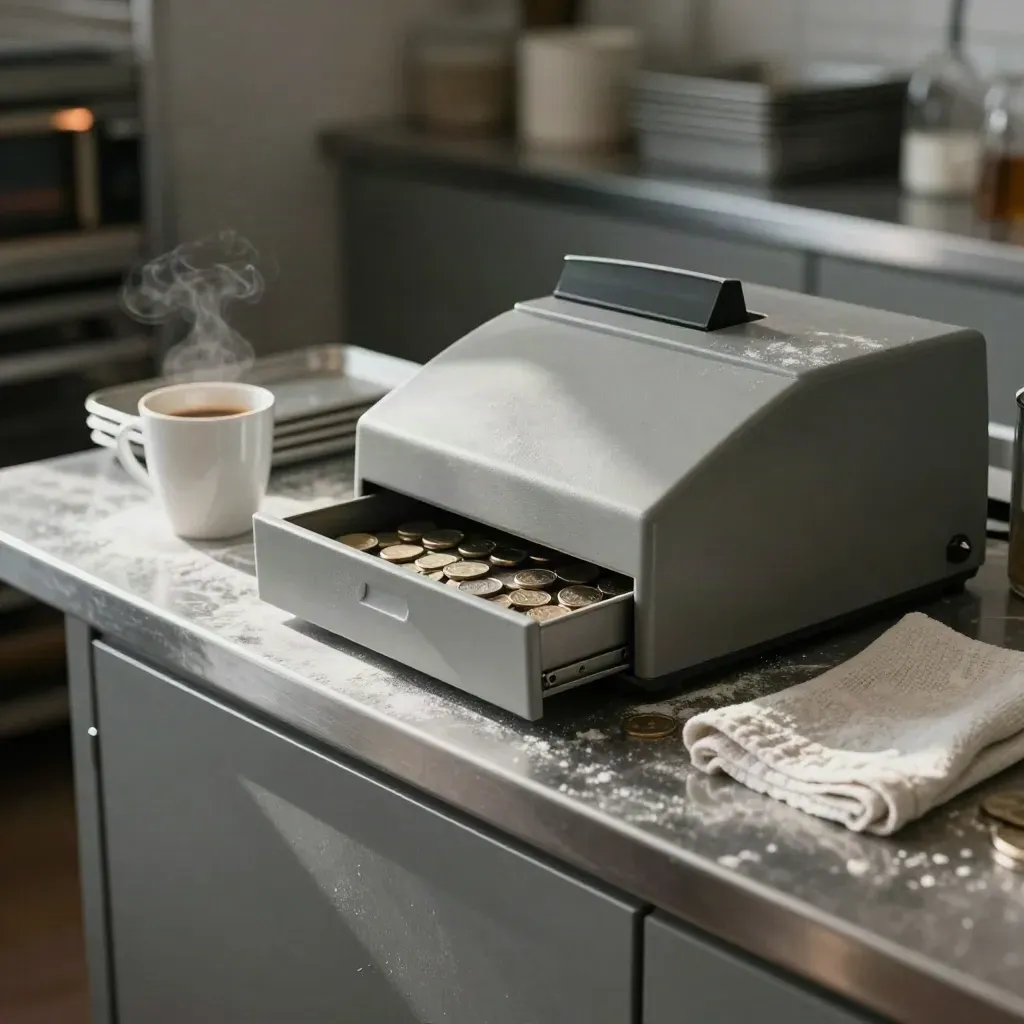 Caja registradora entreabierta en una panadería, monedas alineadas y taza de café fría.