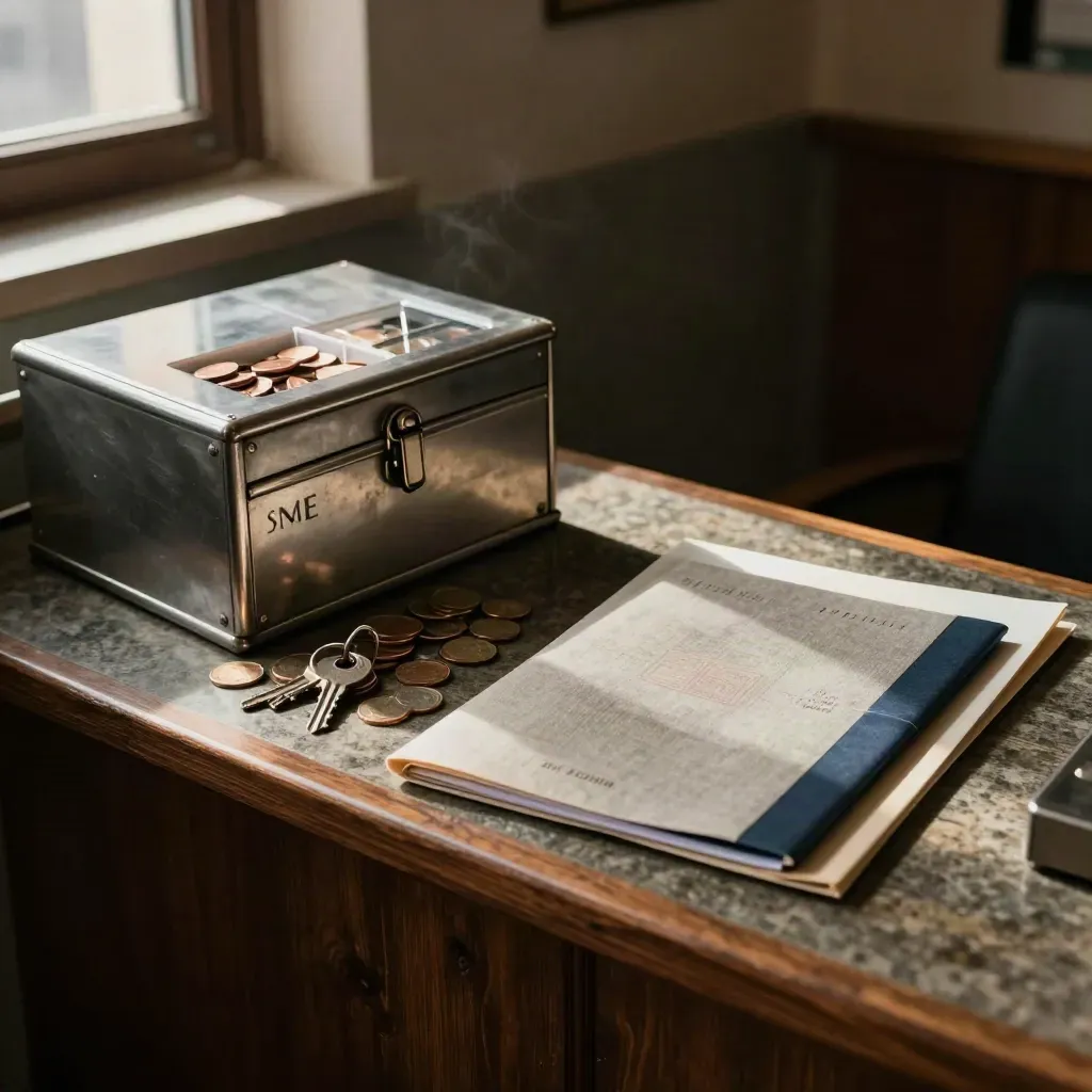 Caja metálica con separadores de monedas, llaves y carpetas cerradas sobre un mostrador.