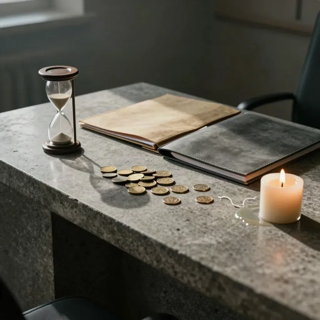 Escritorio de piedra con reloj de arena, carpetas cerradas, monedas y vela apagada en luz dramática.