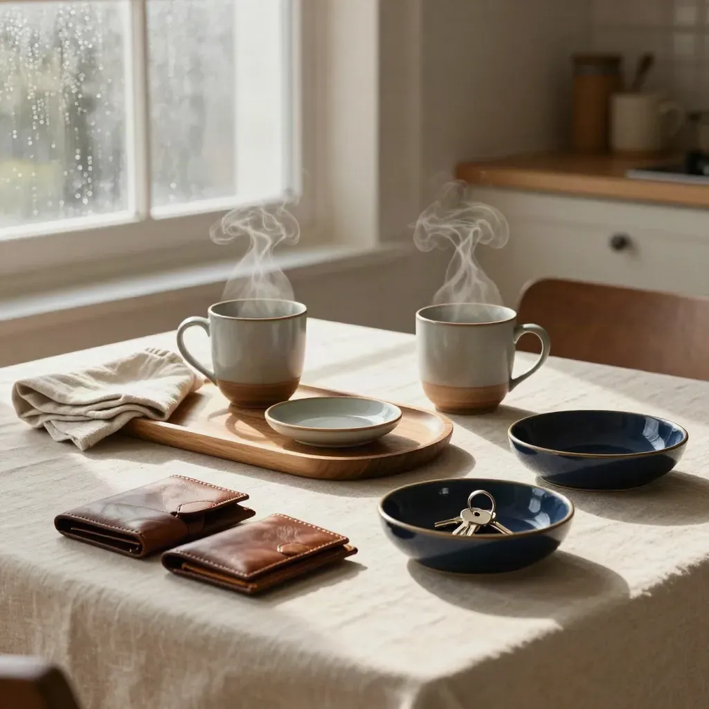 Mesa de desayuno para dos con tazas, bandeja, carteras y llaves junto a una ventana empañada.