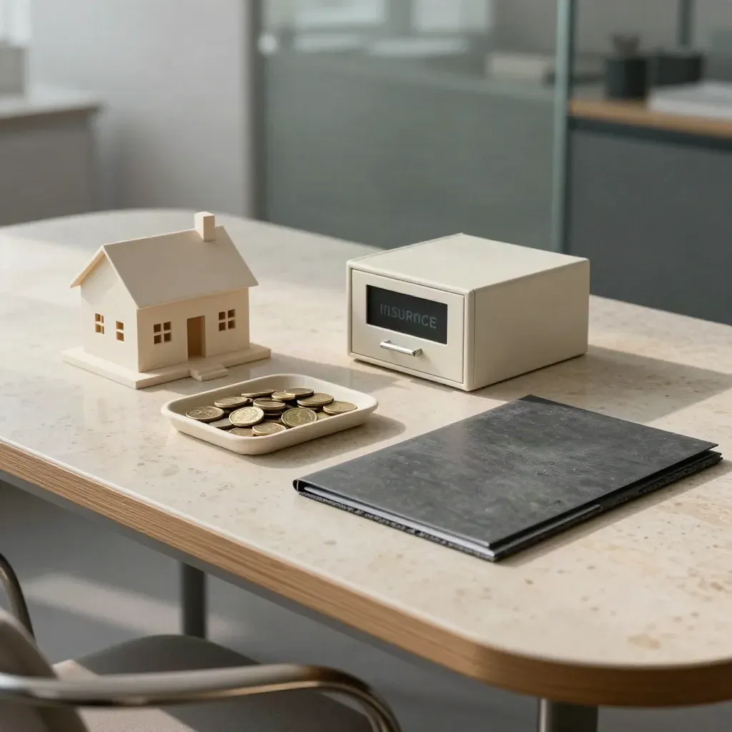 Mesa de asesoría con casa miniatura, caja de seguros, monedas y carpetas en luz serena.