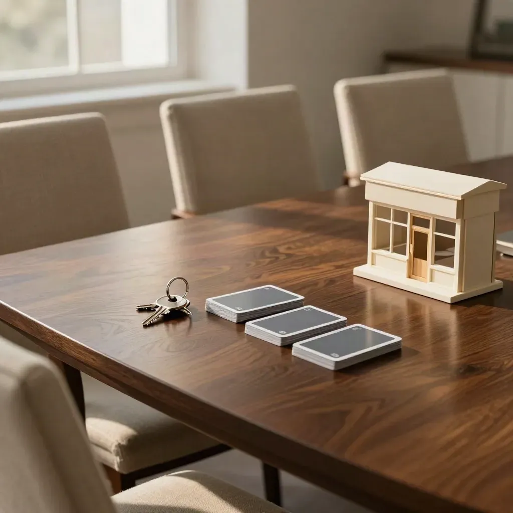 Mesa de juntas con llaves, cartas opacas y maqueta de local en luz de tarde.