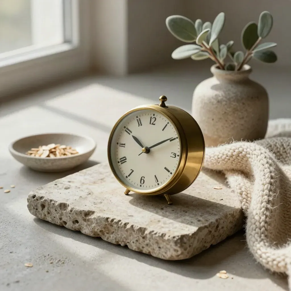 Reloj de latón, manta de lana, planta pequeña y plato de piedra sobre bandeja neutra.