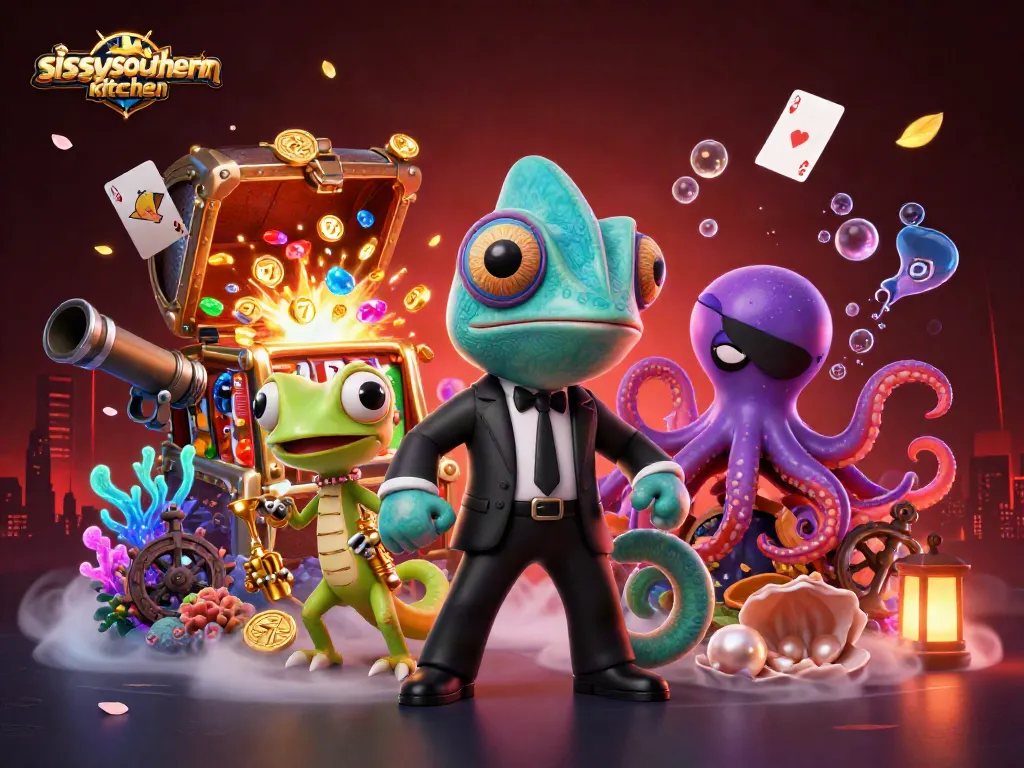 Sissyssouthernkitchen showcases a vibrant casino scene with a secret agent chameleon and treasures.