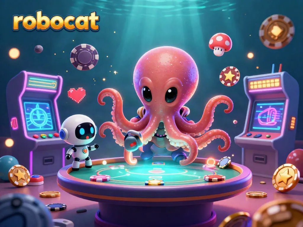 Engage with robocat at a floating holographic poker table surrounded by gaming excitement.